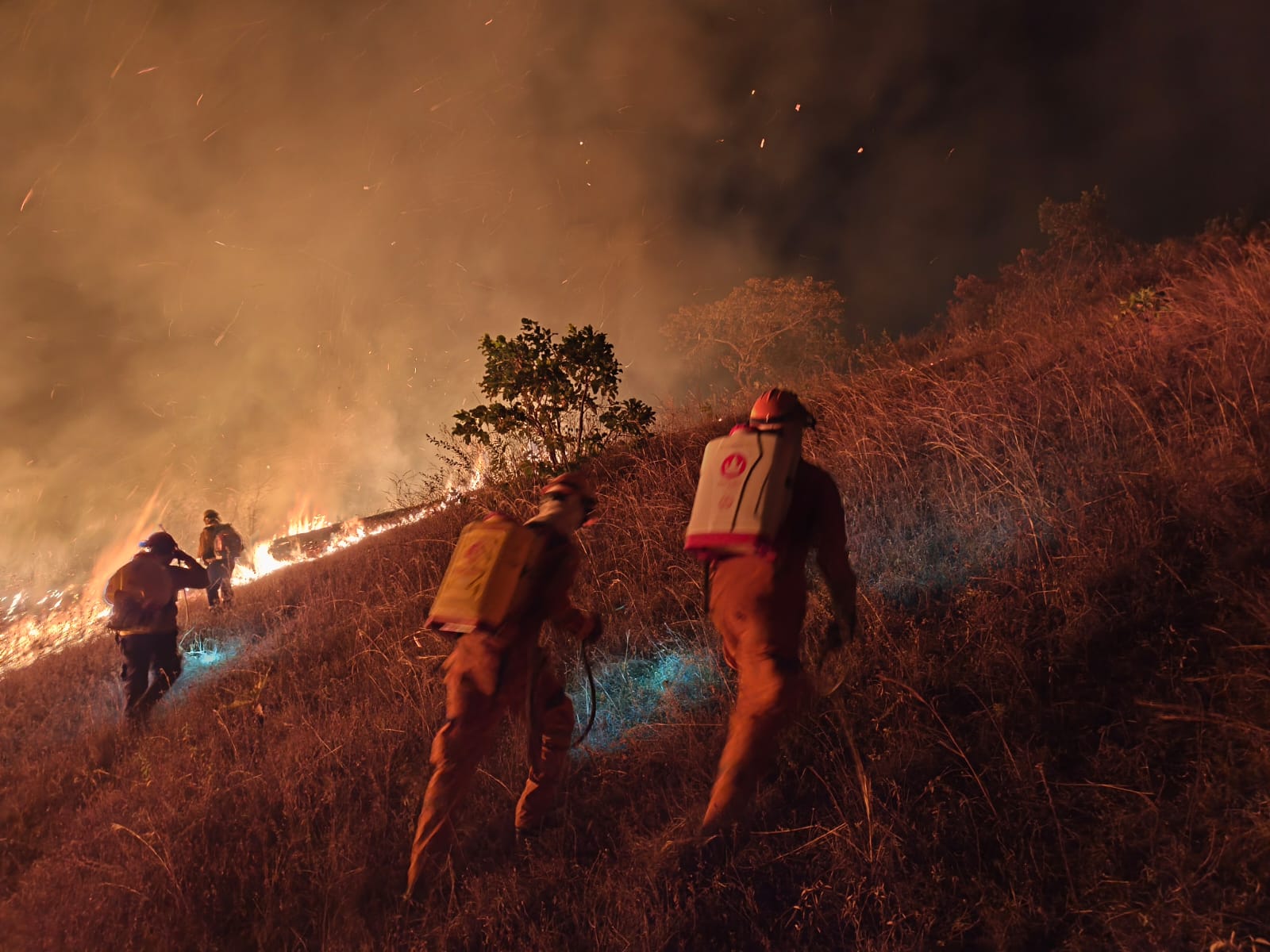 Voluntarios de la Defensa Civil apoyan las labores para controlar los incendios forestales que se presentan en el Huila. Foto Defensa Civil Seccional Huila