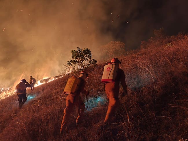 Voluntarios de la Defensa Civil apoyan las labores para controlar los incendios forestales que se presentan en el Huila. Foto Defensa Civil Seccional Huila