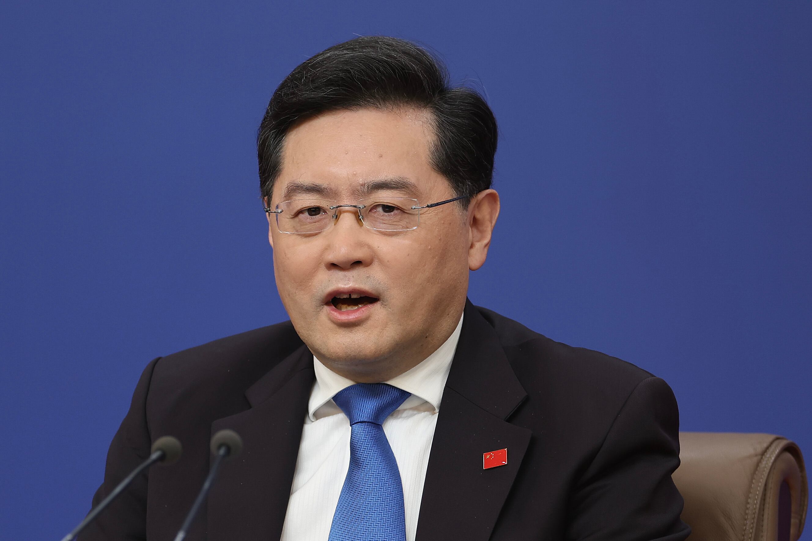 BEIJING, CHINA - MARCH 07: China's foreign minister Qin Gang attends a press conference during the First Session of the 14th National People's Congress (NPC) at Media Center on March 07, 2023 in Beijing, China. Foreign Minister Qin Gang answered questions from Chinese and foreign journalists on China's foreign policy and foreign relations. (Photo by Lintao Zhang/Getty Images)