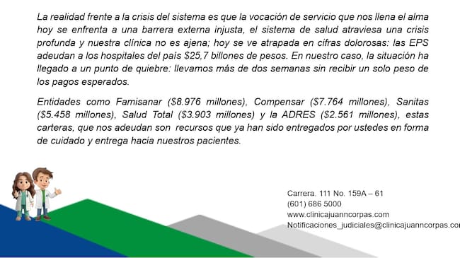 Este es el comunicado con el que la Clínica Juan N. Corpas explicas las deudas que no permiten pagar salarios al personal médico.