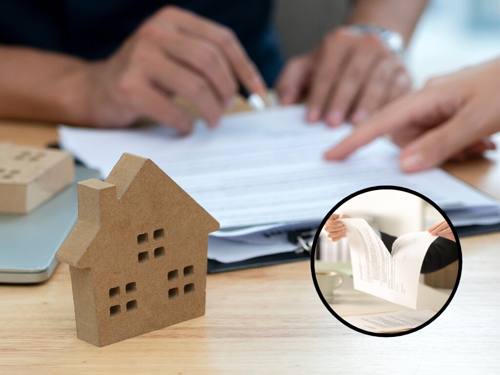Personas revisando un contrato de arrendamiento y de fondo una persona rompiendo un documento (Fotos vía Getty Images)