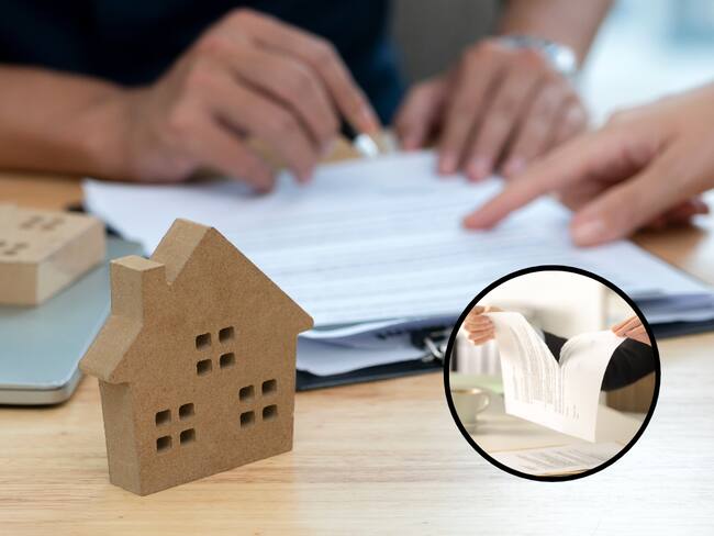 Personas revisando un contrato de arrendamiento y de fondo una persona rompiendo un documento (Fotos vía Getty Images)