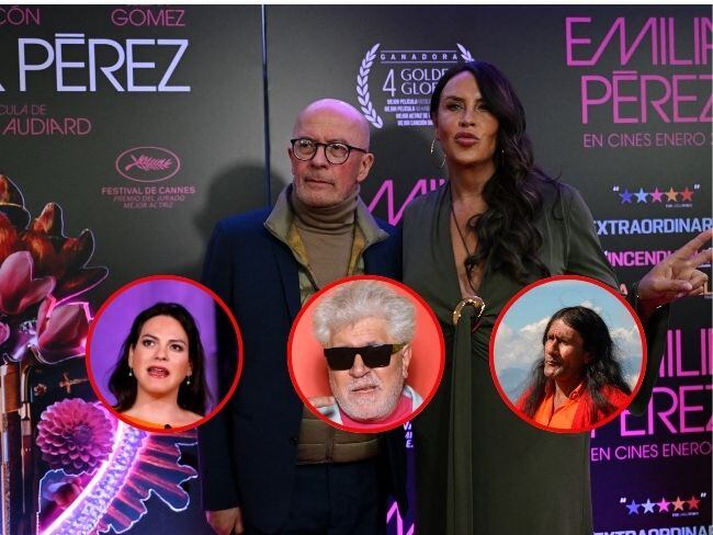 Jacques Audiard y Karla Sofia Gascón (Photo by RAUL ARBOLEDA/AFP via Getty Images); Pedro Almodóvar (Photo by Marc Piasecki/WireImage, Getty Images); Daniela Vega  (Photo credit should read PABLO VERA/AFP via Getty Images); Señorita María poster, imagen tomada de redes sociales.