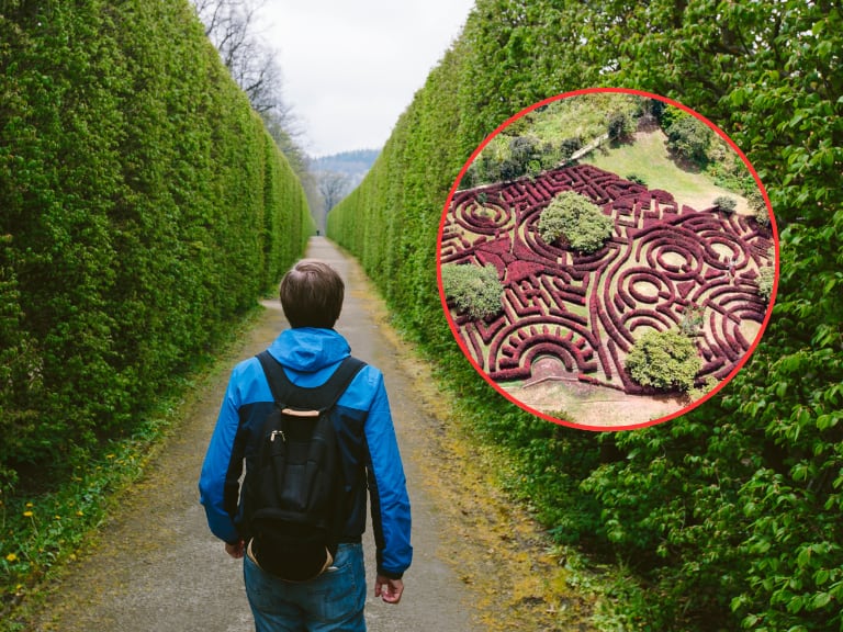Persona caminando entre arbustos y al lado una vista aérea del Laberinto Mil Caminos ubicado en el Quindío (Fotos vía Getty Images y redes sociales del Laberinto Mil Caminos )