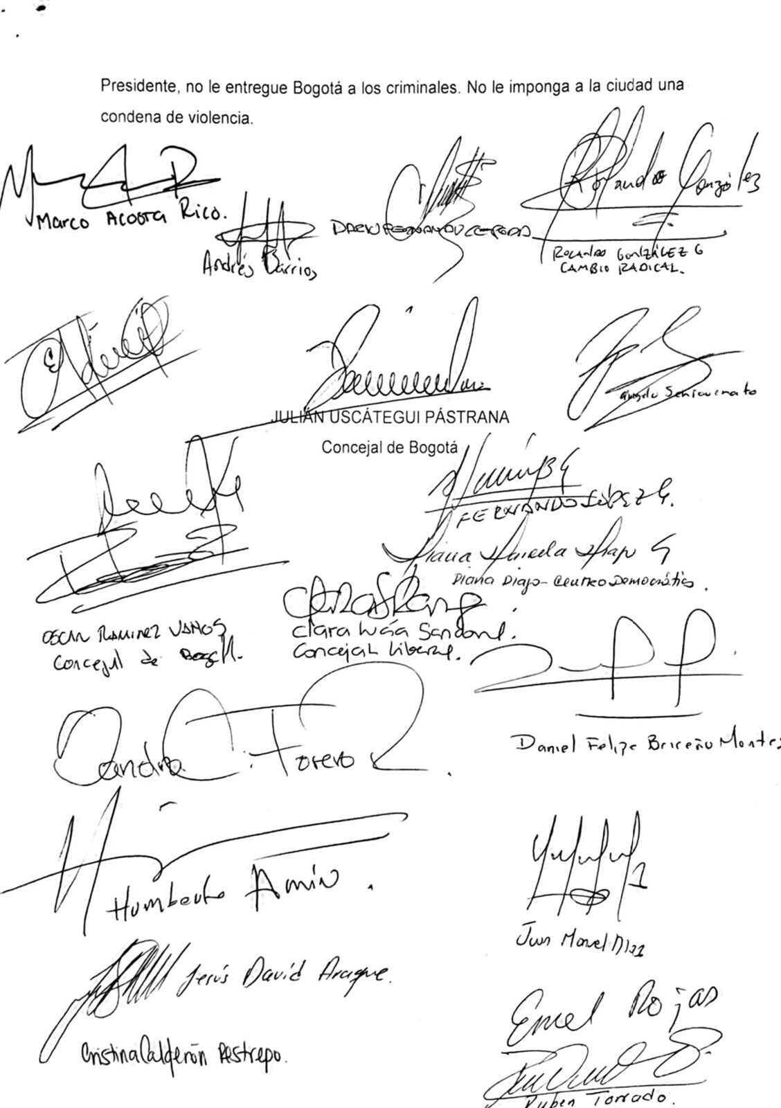 Carta concejales a Petro por situación de seguridad.