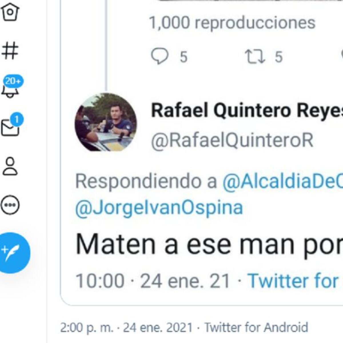 La persona que presuntamente amenazó al alcalde de Cali cerró su cuenta