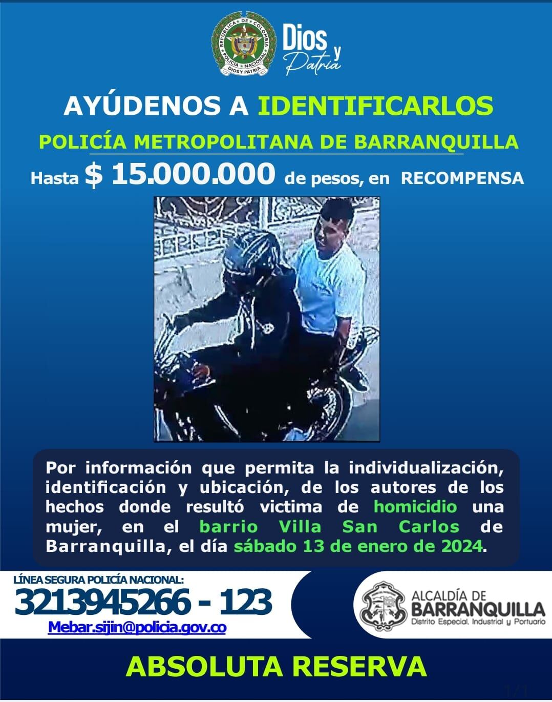 Cartel de recompensa - Policía de Barranquilla
