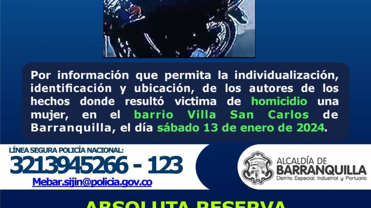 Policía de Barranquilla ofrece $15 millones por información de asesino de una mujer