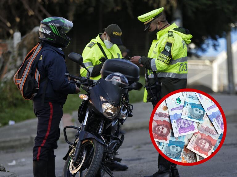 Agentes de la Policía de Tránsito y Transporte revisando documentos de un motociclista (Foto vía COLPRENSA) // Billetes colombianos