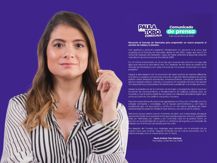 Paula Andrea Toro presenta su carta de renuncia al Concejo de Manizales