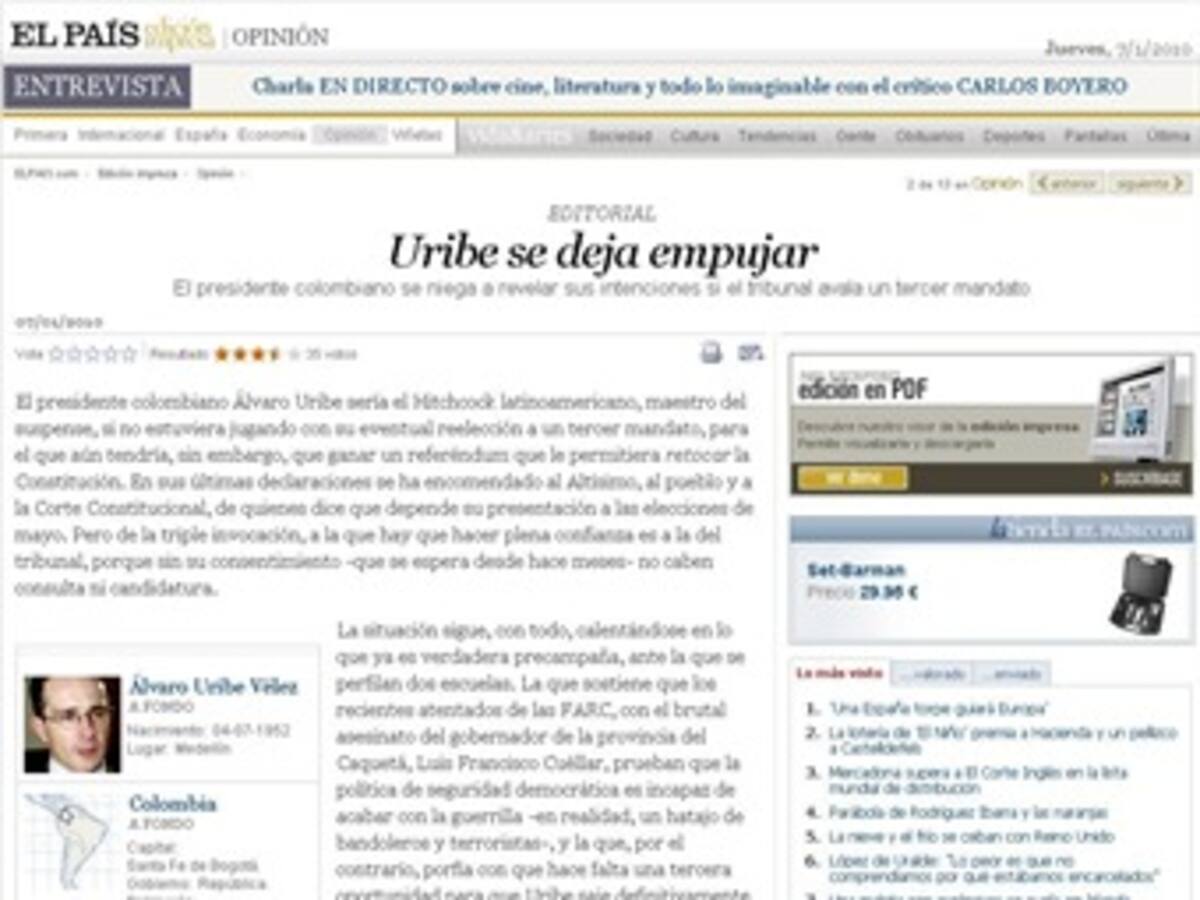 Diario El País pide a Uribe que no busque su reelección