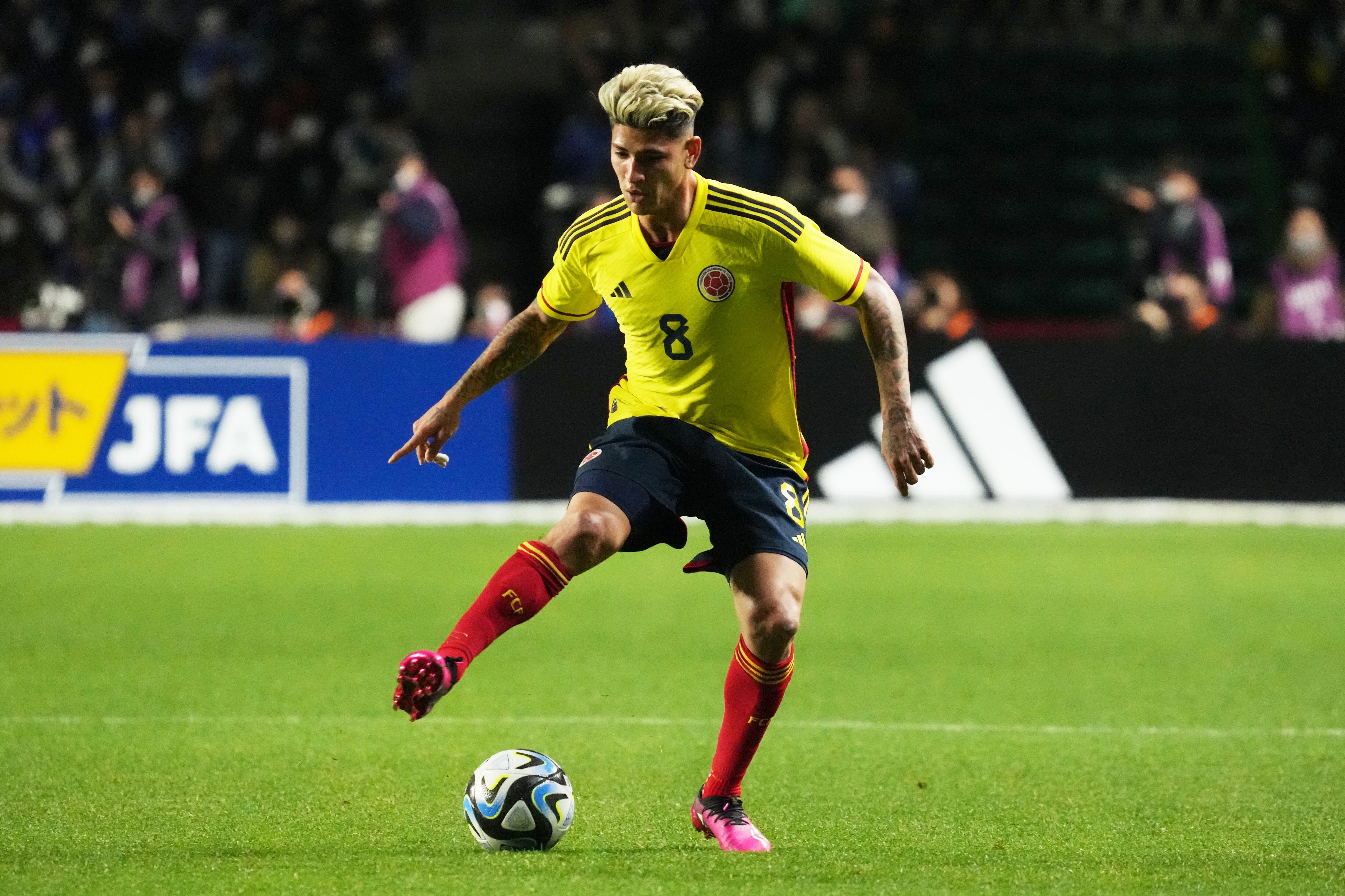 OSAKA, JAPAN - MARCH 28: Jorge Carrascal of Colombia in action during the international friendly between Japan and Colombia at Yodoko Sakura Stadium on March 28, 2023 in Osaka, Japan. (Photo by Etsuo Hara/Getty Images)