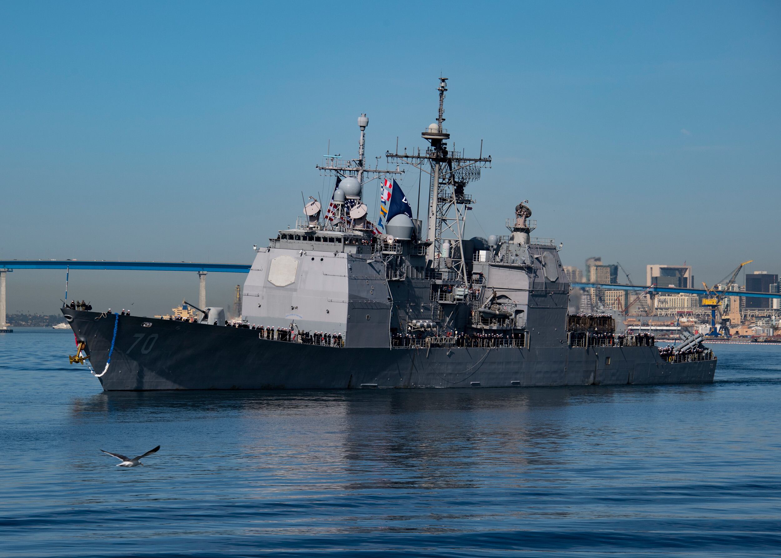 SAN DIEGO – (Nov. 18, 2019) The Ticonderoga-class guided missile cruiser USS Lake Erie (CG 70) transits San Diego Bay. Lake Erie returned to San Diego after a deployment to the U.S. 3rd and 7th Fleet areas of operations in support of security and stability. (U.S. Navy photo by Mass Communication Specialist 1st Class Woody S. Paschall)
