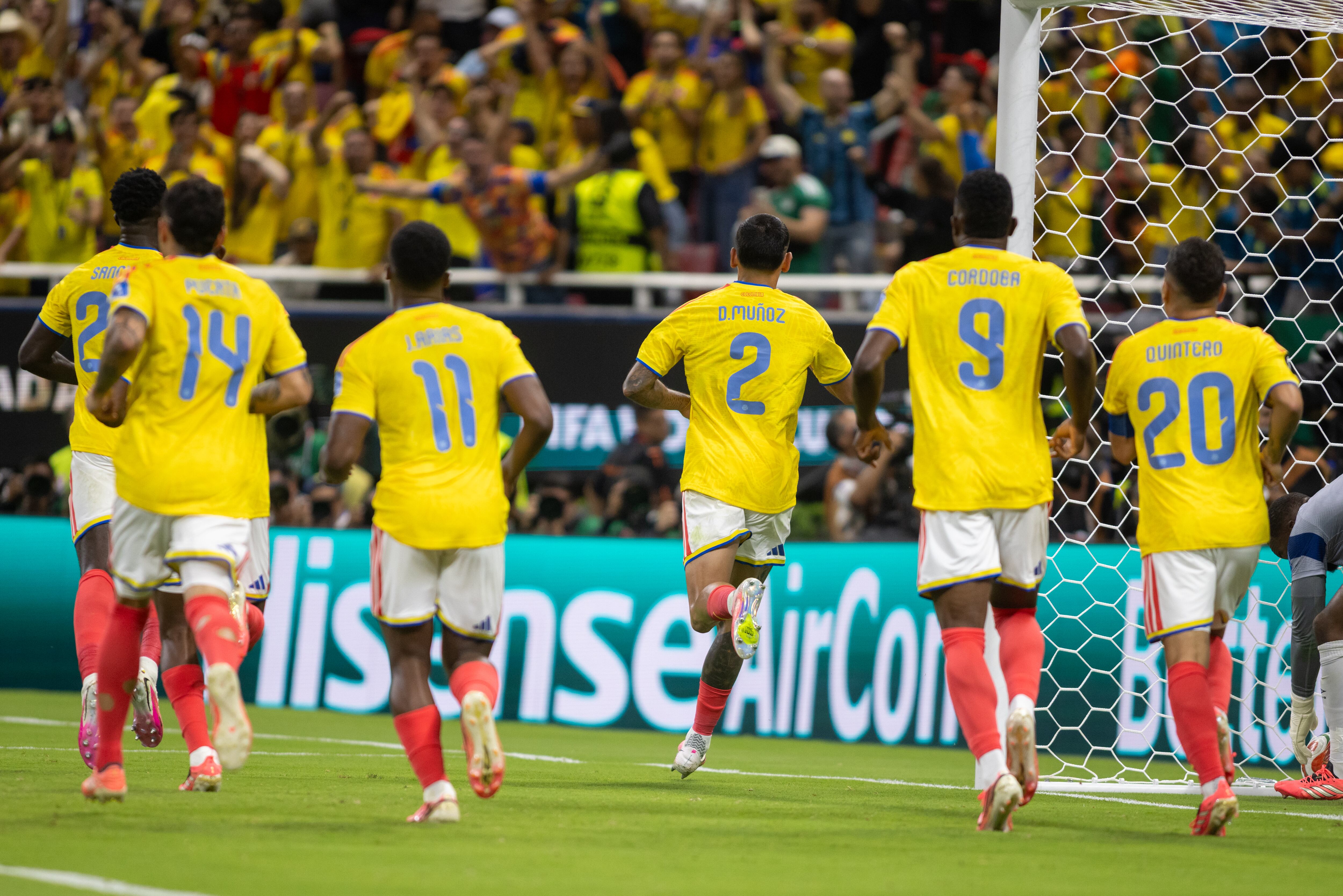 ZAPOPAN, MEXICO - JUNE 23: Daniel Munoz #2 of Colombia celebrates scoring a goal with his teammates in the second half during the FIFA World Cup 2026 Group K match between Colombia and Congo DR at Guadalajara Stadium on June 23, 2026 in ZAPOPAN, Mexico. (Photo by Doug Zimmerman/ISI Photos/ISI Photos via Getty Images)