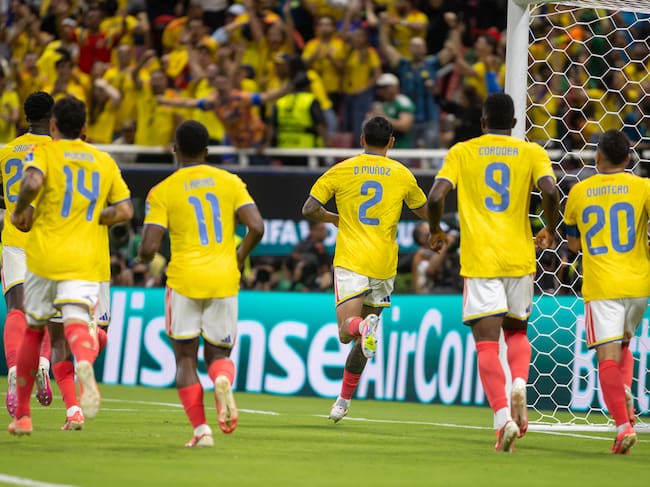 ZAPOPAN, MEXICO - JUNE 23: Daniel Munoz #2 of Colombia celebrates scoring a goal with his teammates in the second half during the FIFA World Cup 2026 Group K match between Colombia and Congo DR at Guadalajara Stadium on June 23, 2026 in ZAPOPAN, Mexico. (Photo by Doug Zimmerman/ISI Photos/ISI Photos via Getty Images)