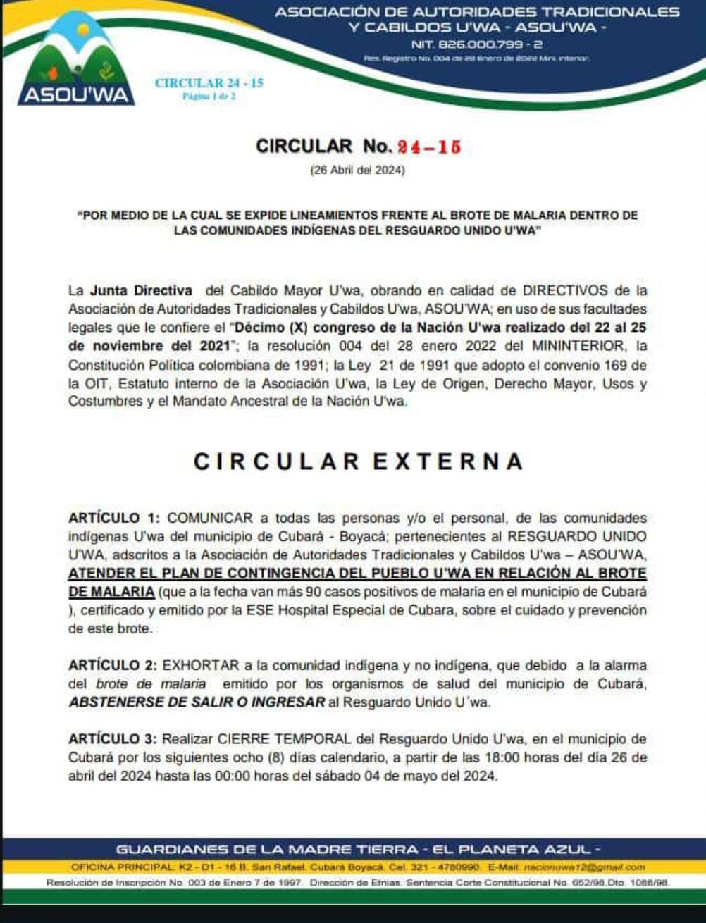 Comunidad U´wa pide medidas para controlar el brote de malaria