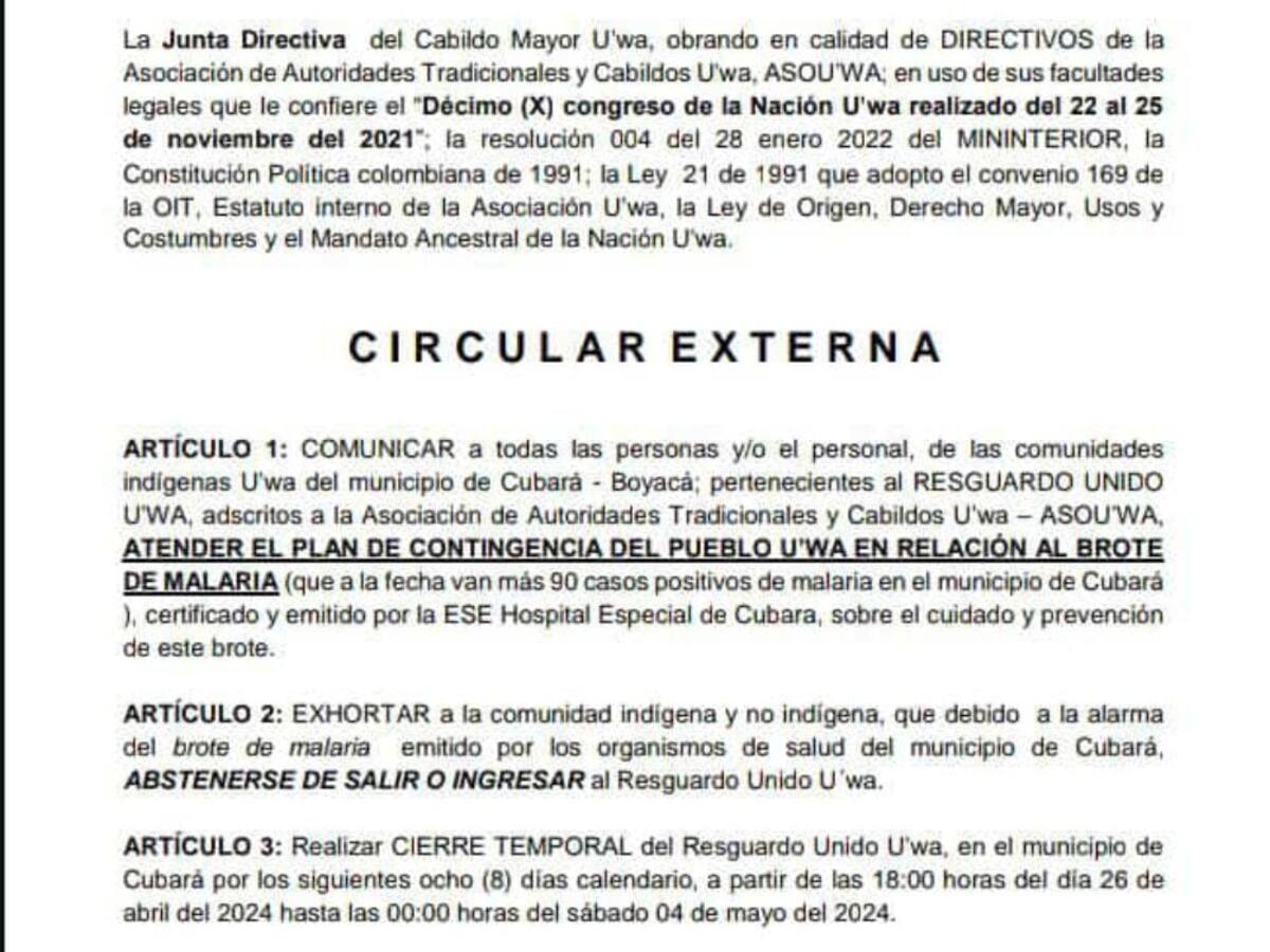 Resguardo indígena U’wa en Cubará cierra sus puertas debido a un brote de malaria