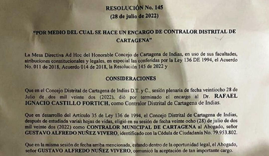 Fue dada a conocer la resolución con la que se nombró como contralor encargado a Gustavo Núñez a quien no se le ha aceptado la renuncia