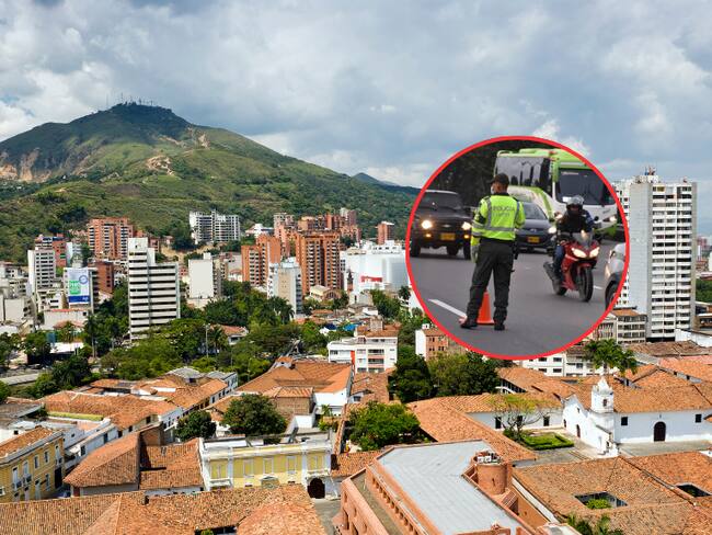 Vista panorámica de la ciudad de Cali y una fotografía de un Policía de Tránsito en las vías de Colombia (Fotos vía Getty Images)