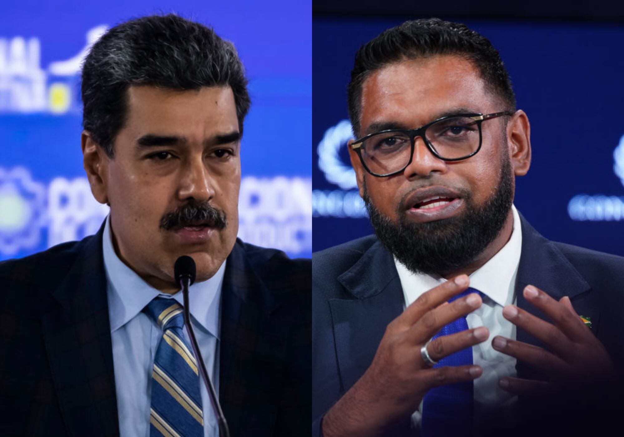 Nicolás Maduro y Irfaan Ali. Foto: (Photo by Carlos Becerra/Getty Images) /  (Photo by Riccardo Savi/Getty Images for Concordia Summit)