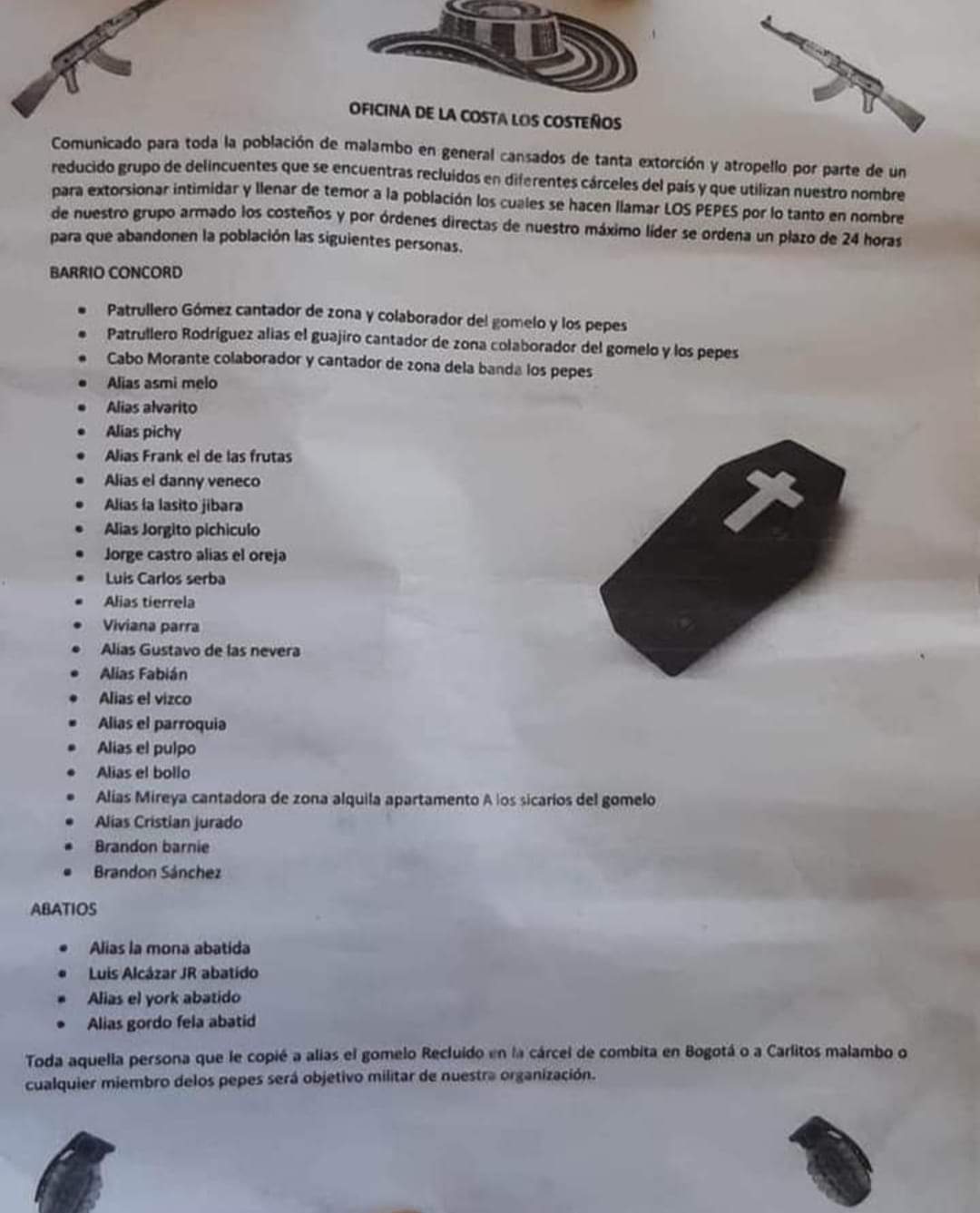 Supuesto panfleto amenazante