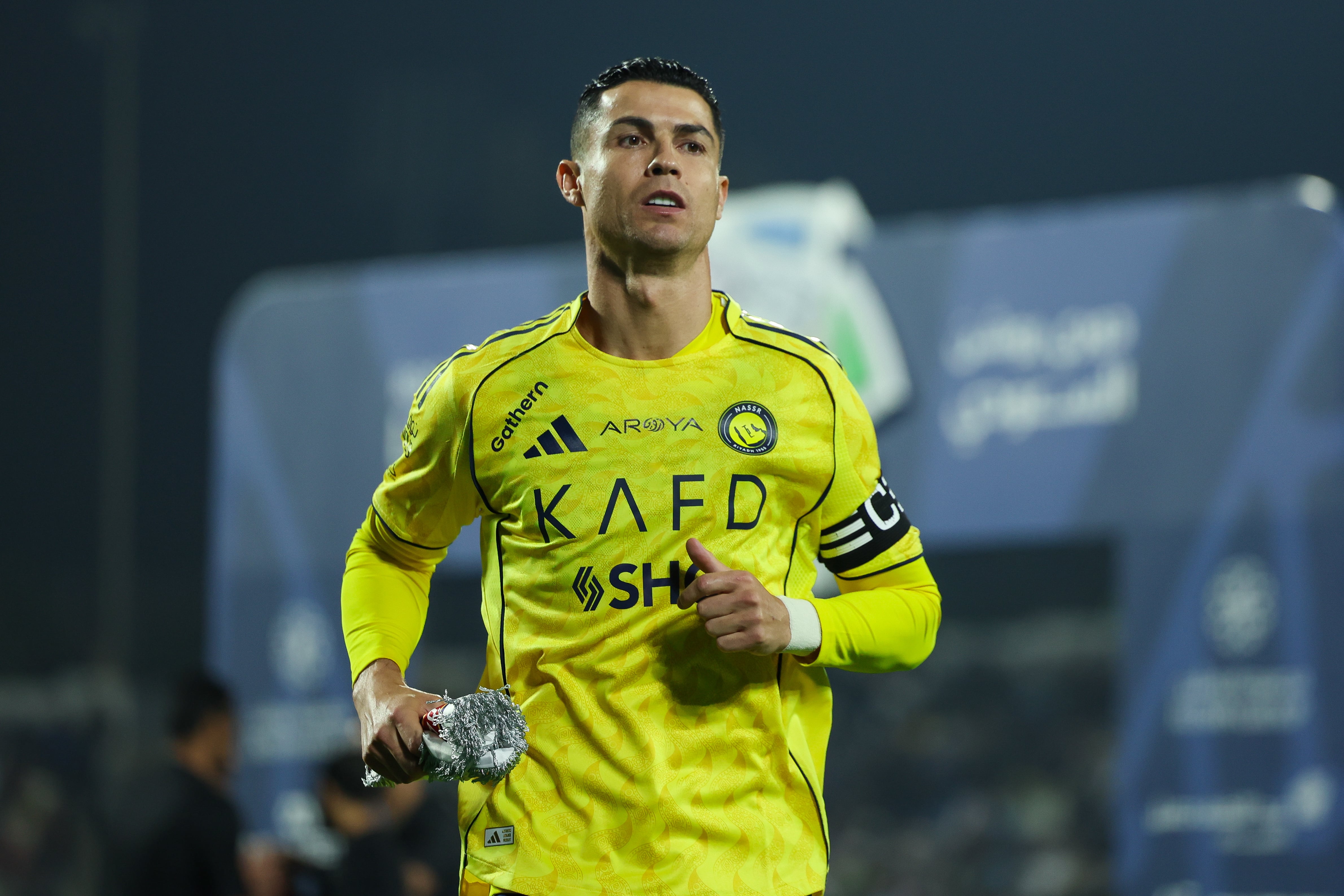 ABHA, SAUDI ARABIA - JANUARY 21: Cristiano Ronaldo of Al Nassr looks on prior the Saudi pro league match between Damac and Al Nassr at Prince Sultan Bin Abdulaziz Sport City on January 21, 2026 in Abha, Saudi Arabia.  (Photo by Yasser Bakhsh/Getty Images)