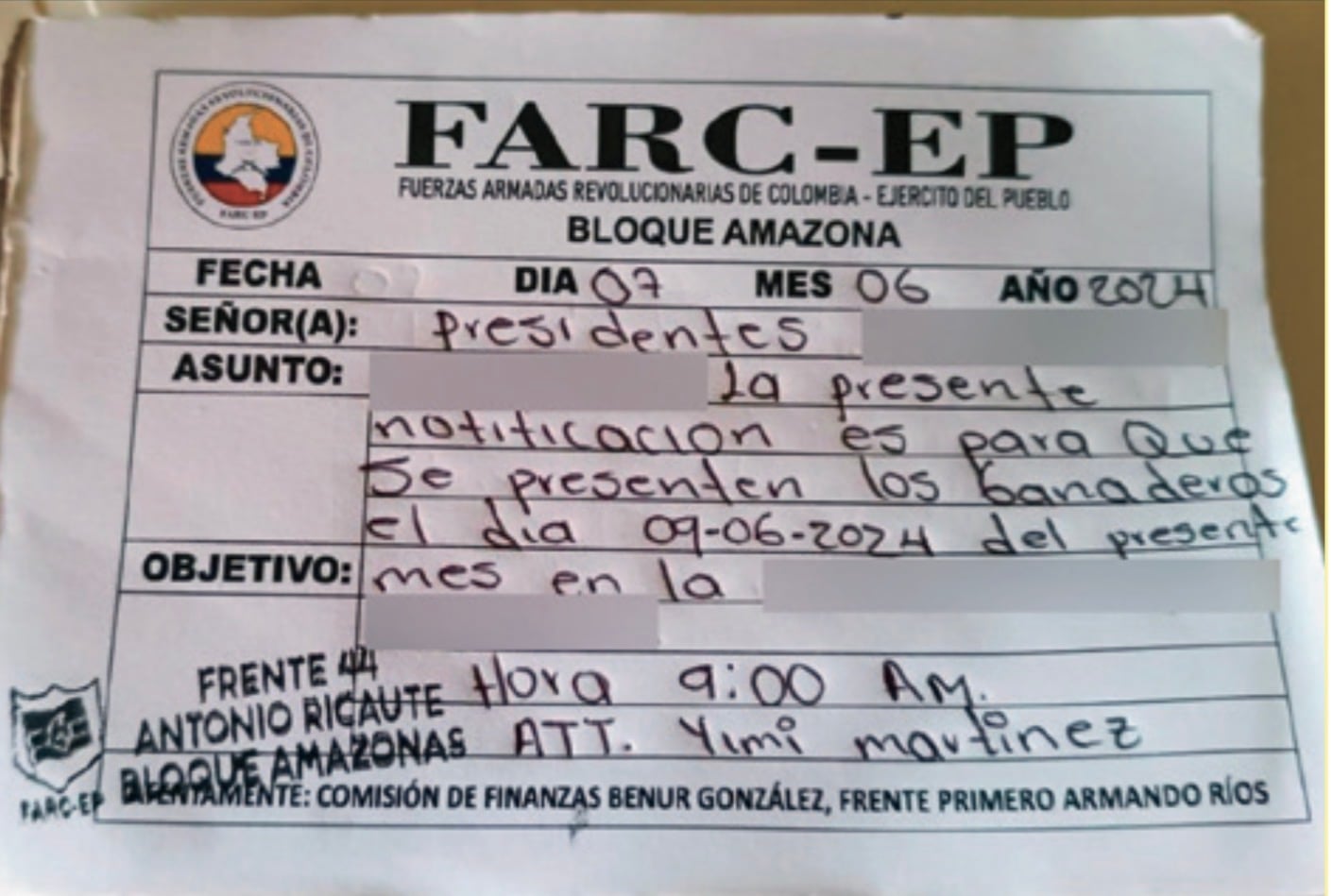 Boleta de asociaciones de disidencias de las FARC en Colombia. |Foto: FDCS
