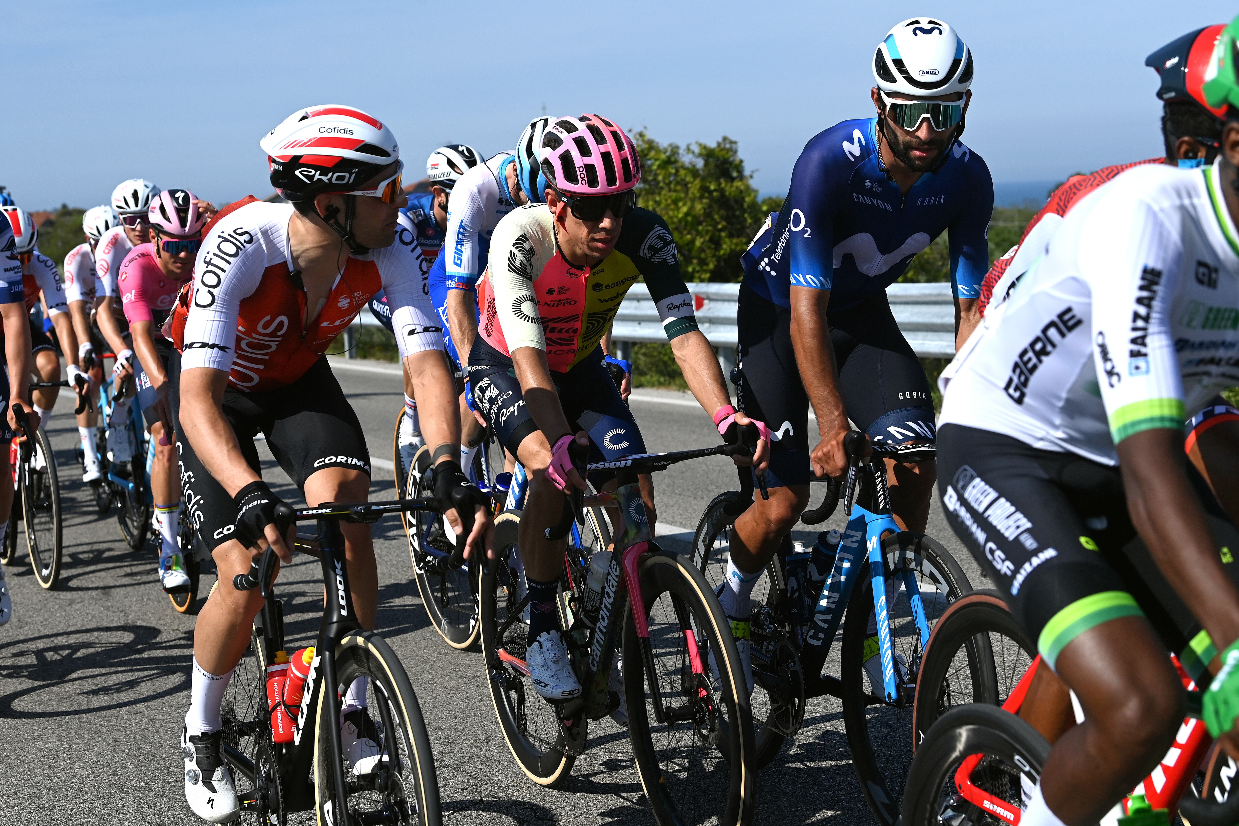 SAN SALVO, ITALY - MAY 07: (L-R) Rigoberto Urán of Colombia and Team EF Education-EasyPost and Fernando Gaviria of Colombia and Movistar Team compete during the 106th Giro d'Italia 2023, Stage 2 a 202km stage from Teramo to San Salvo / #UCIWT / on May 07, 2023 in San Salvo, Italy. (Photo by Tim de Waele/Getty Images)