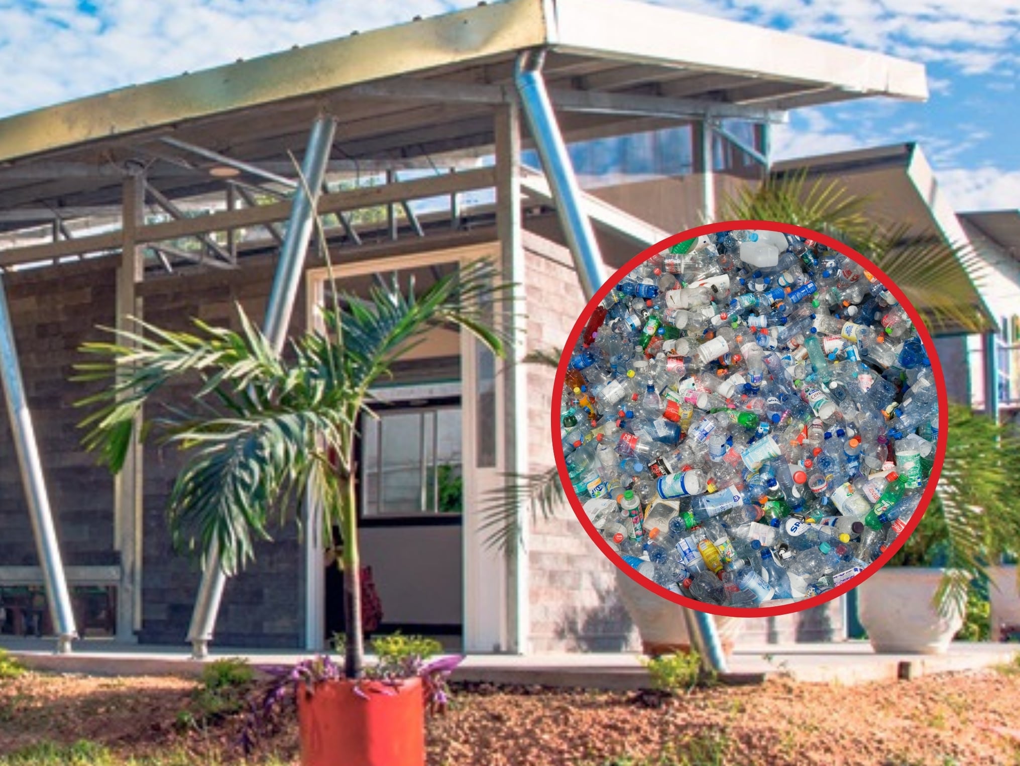 De fpndo: Imagen de referencia de una de las viviendas construidas con bloques de polímeros de plástico (Crédito: Conceptos Plásticos). A la derecha hay una foto de desechos plásticos (Cortesía: Getty Images)