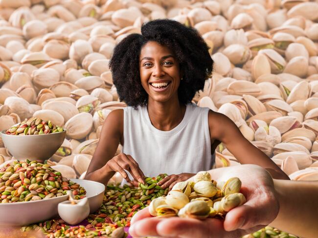 Pistachos, imágenes de referencia (Getty Images); Mujer con pistachos, imagen generada con IA de Canva.