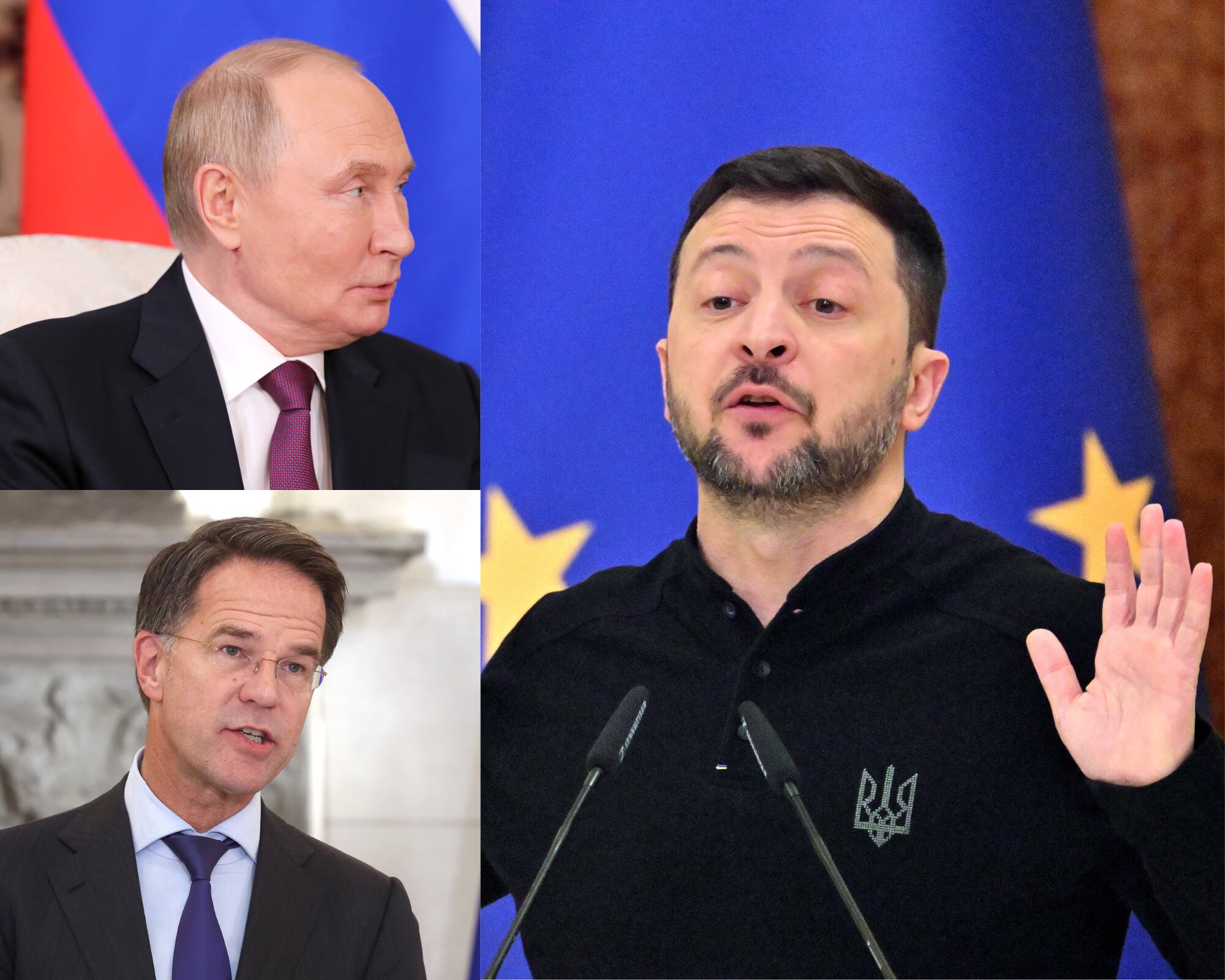 El presidente de Rusia, Vladimir Putin (s), el jefe de la OTAN, Mark Rutte (i) y el presidente de Ucrania, Volodimir Zelenski (d).
(Foto: Caracol Radio / Getty )