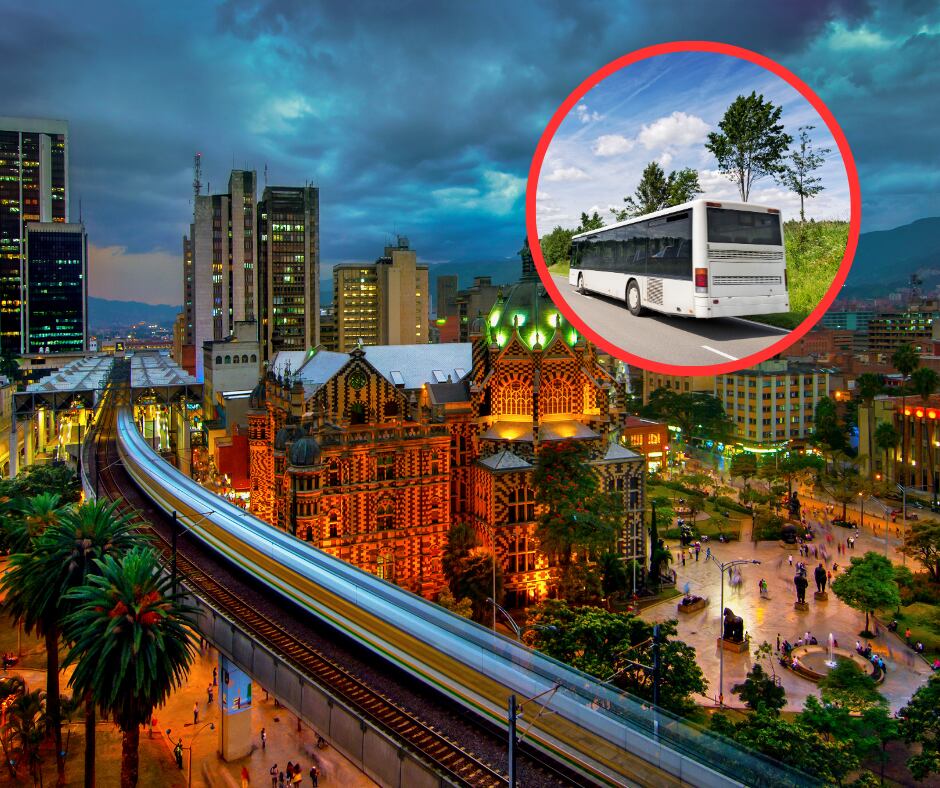 Medellín de noche e imagen de un bus (Getty Images)