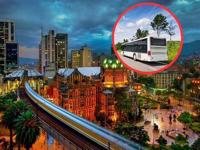Medellín de noche e imagen de un bus (Getty Images)