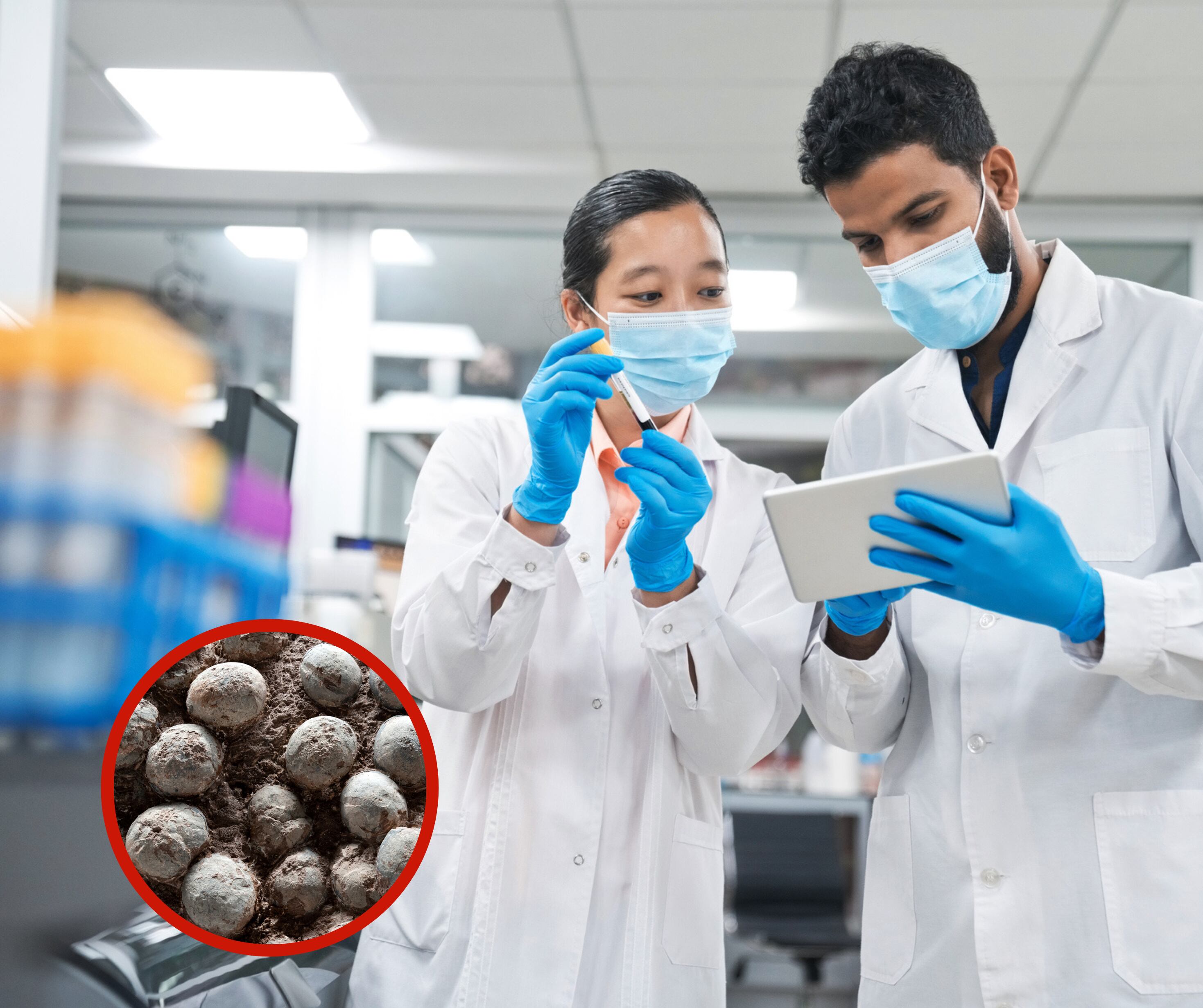 Científicos en un laboratorio junto a unos huevos de dinosaurio (Foto vía Getty Images)