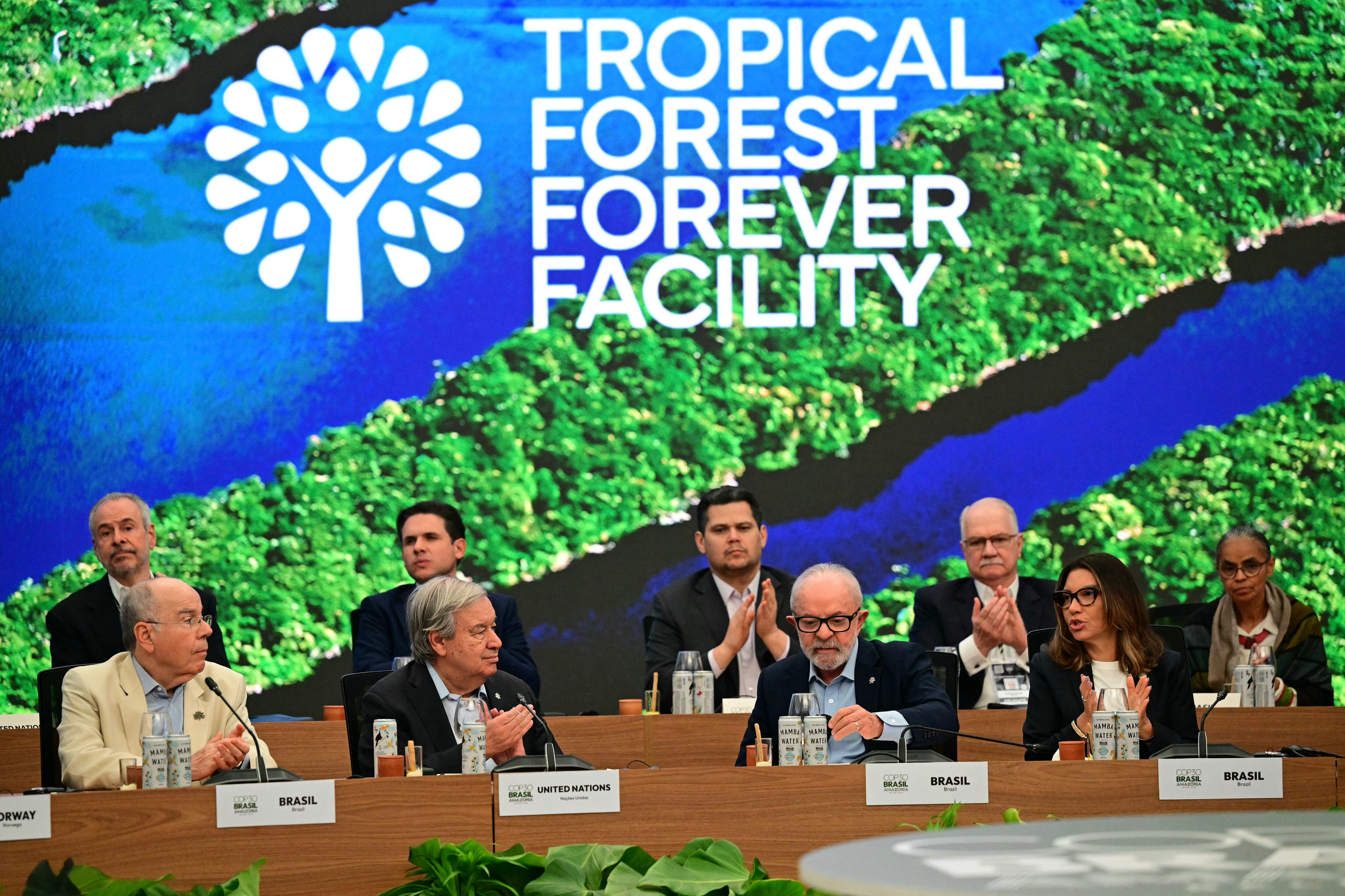 (L to R) Brazil's Foreign Minister Mauro Vieira, UN Secretary General Antonio Guterres, Brazil's President Luiz Inacio Lula da Silva and First Lady Rosangela da Silva attend the Leaders� Round Table to launch the Tropical Forest Forever Facility (TFFF) in the framework of the COP30 UN Climate Change Conference in Belem, Para State, Brazil, on November 6, 2025. (Photo by Pablo PORCIUNCULA / AFP)