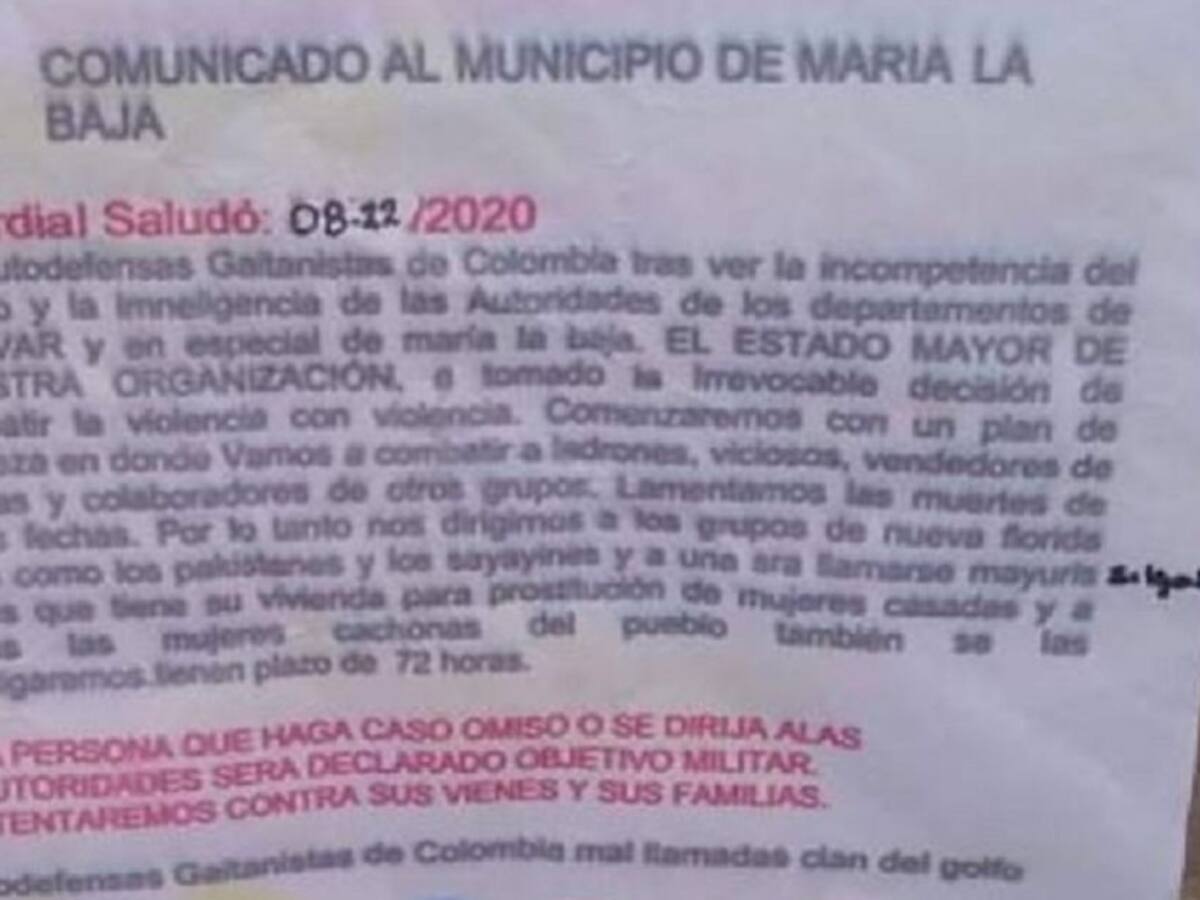 Temor en María La Baja – Bolívar por aparición de panfleto intimidatorio