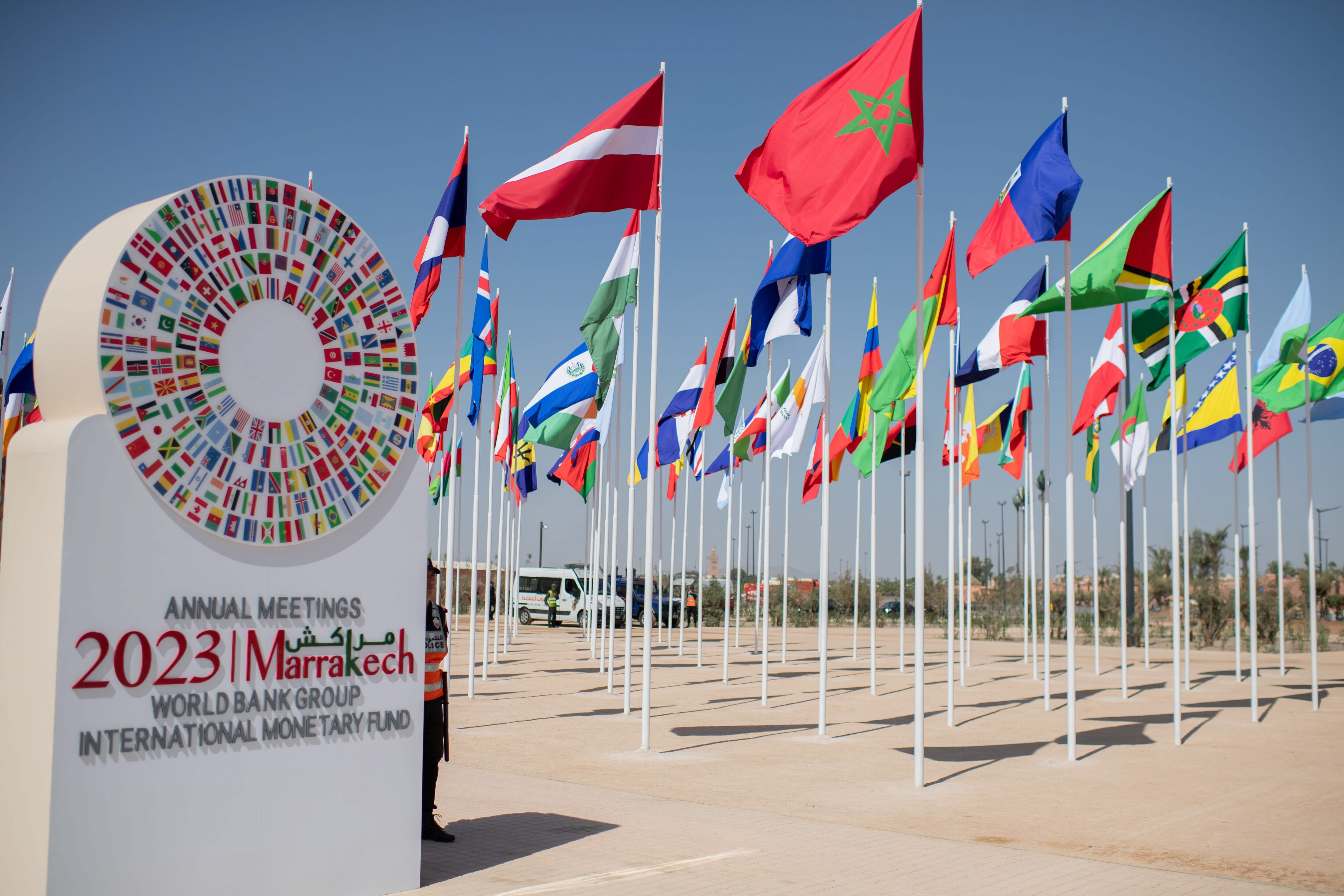 Marrakesh (Morocco), 08/10/2023.- Flags flutter at the entrance of the venue hosting the 2023 Annual Meetings of the International Monetary Fund and World Bank in Marrakesh, Morocco, 08 October 2023. The meetings are taking place in Marrakech between 09 and 15 October. (Marruecos) EFE/EPA/JALAL MORCHIDI