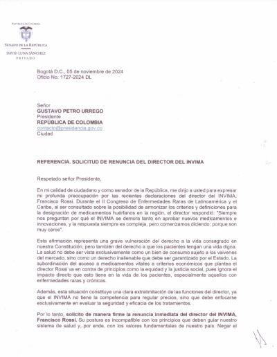 Comunicado de solicitud de renuncia director del INVIMA.