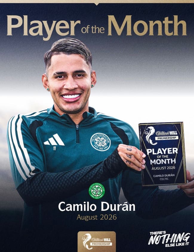 Camilo Durán, elegido el mejor jugador de la Liga de Escocia durante el mes de agosto.