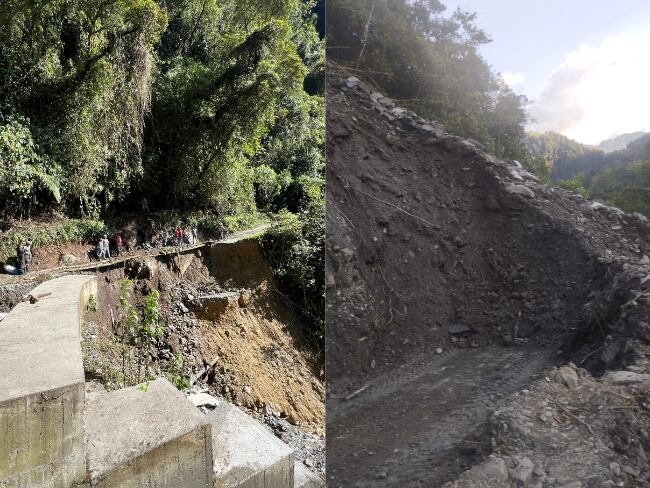Convite comunitario construyendo un paso peatonal provisional en el sector de Nápoles (foto izquierda) y deslizamiento a la entrada de Montebonito (foto derecha). Fotos suministradas.