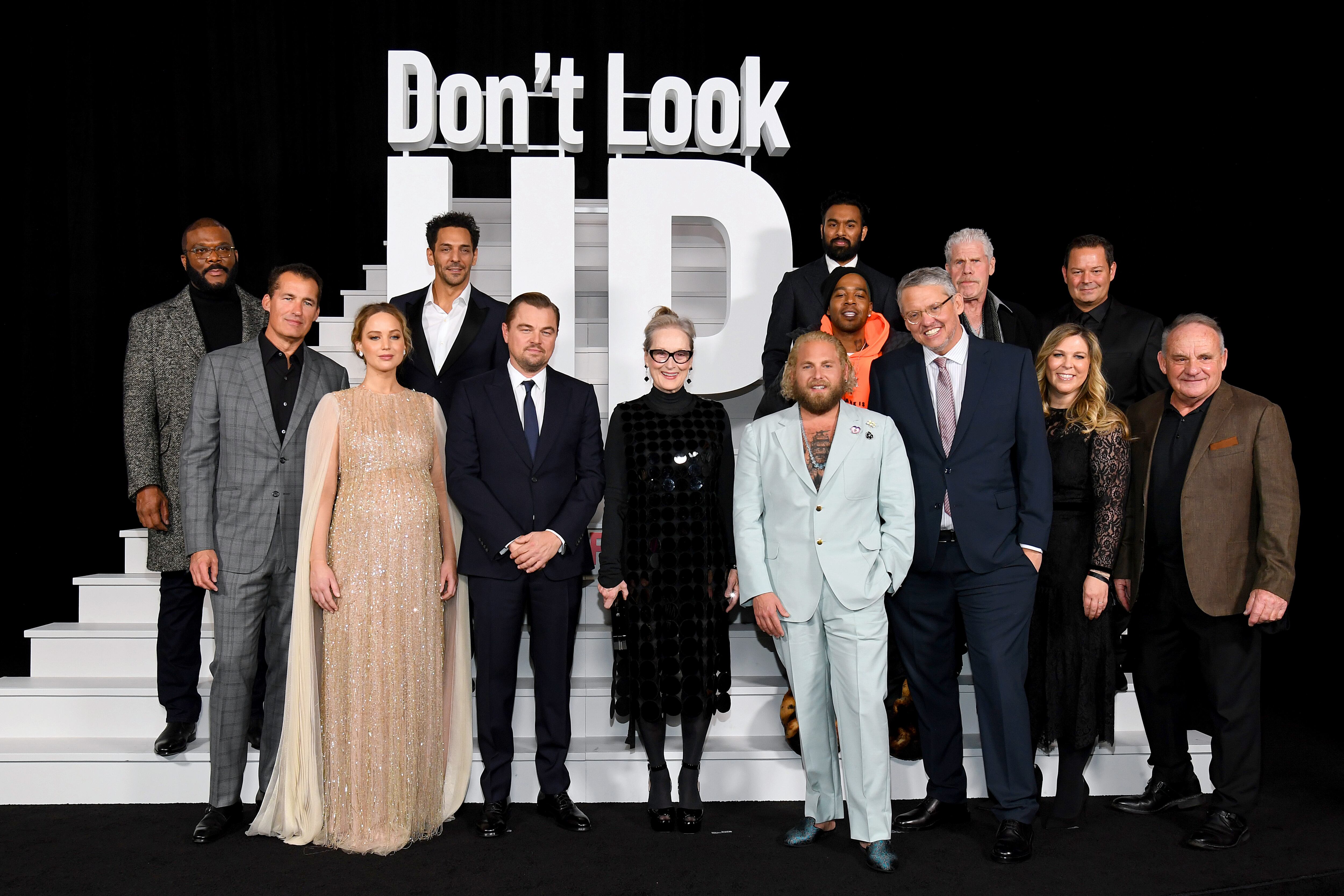 NEW YORK, NEW YORK - DECEMBER 05: (L-R) Tyler Perry, Scott Stuber, Jennifer Lawrence, Tomer Sisley, Leonardo DiCaprio, Meryl Streep, Jonah Hill, Himesh Patel, Kid Cudi, Adam McKay, Ron Perlman, Kira Goldberg, Kevin Messick, and Paul Guilfoyle attend the "Don't Look Up" World Premiere at Jazz at Lincoln Center on December 05, 2021 in New York City. (Photo by Kevin Mazur/Getty Images for Netflix)