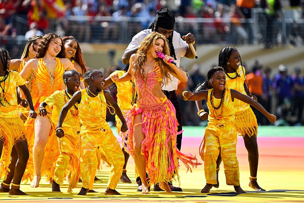Shakira performs in the Topps Final Halftime Show during the FIFA World Cup 2026 Final match between Spain and Argentina. (Photo by MB Media/Getty Images)