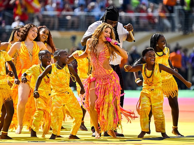Shakira performs in the Topps Final Halftime Show during the FIFA World Cup 2026 Final match between Spain and Argentina. (Photo by MB Media/Getty Images)