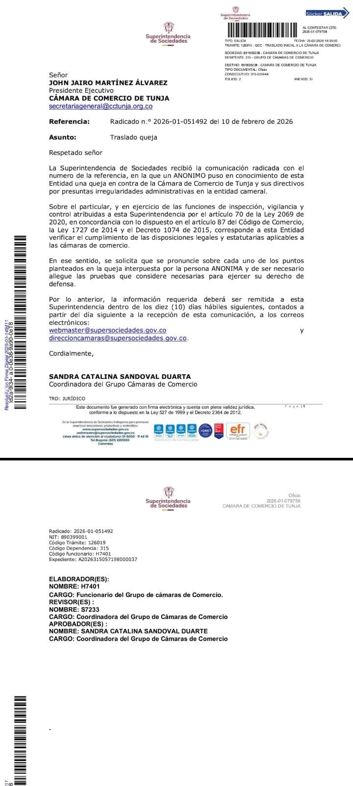 Requerimiento de la Superintendencia de Sociedades al presidente ejecutivo de la Cámara de Comercio de Tunja.