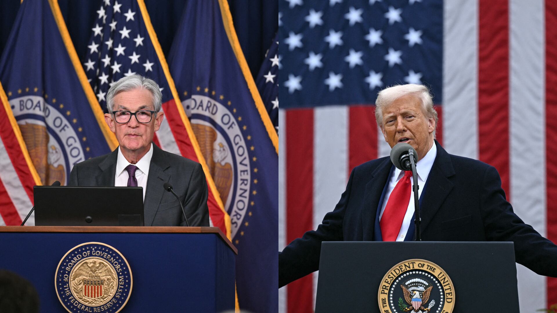 Donald Trump. FOTO: BRENDAN SMIALOWSKI/AFP via Getty Images — Jerome Powell. FOTO: ROBERTO SCHMIDT/AFP via Getty Images-