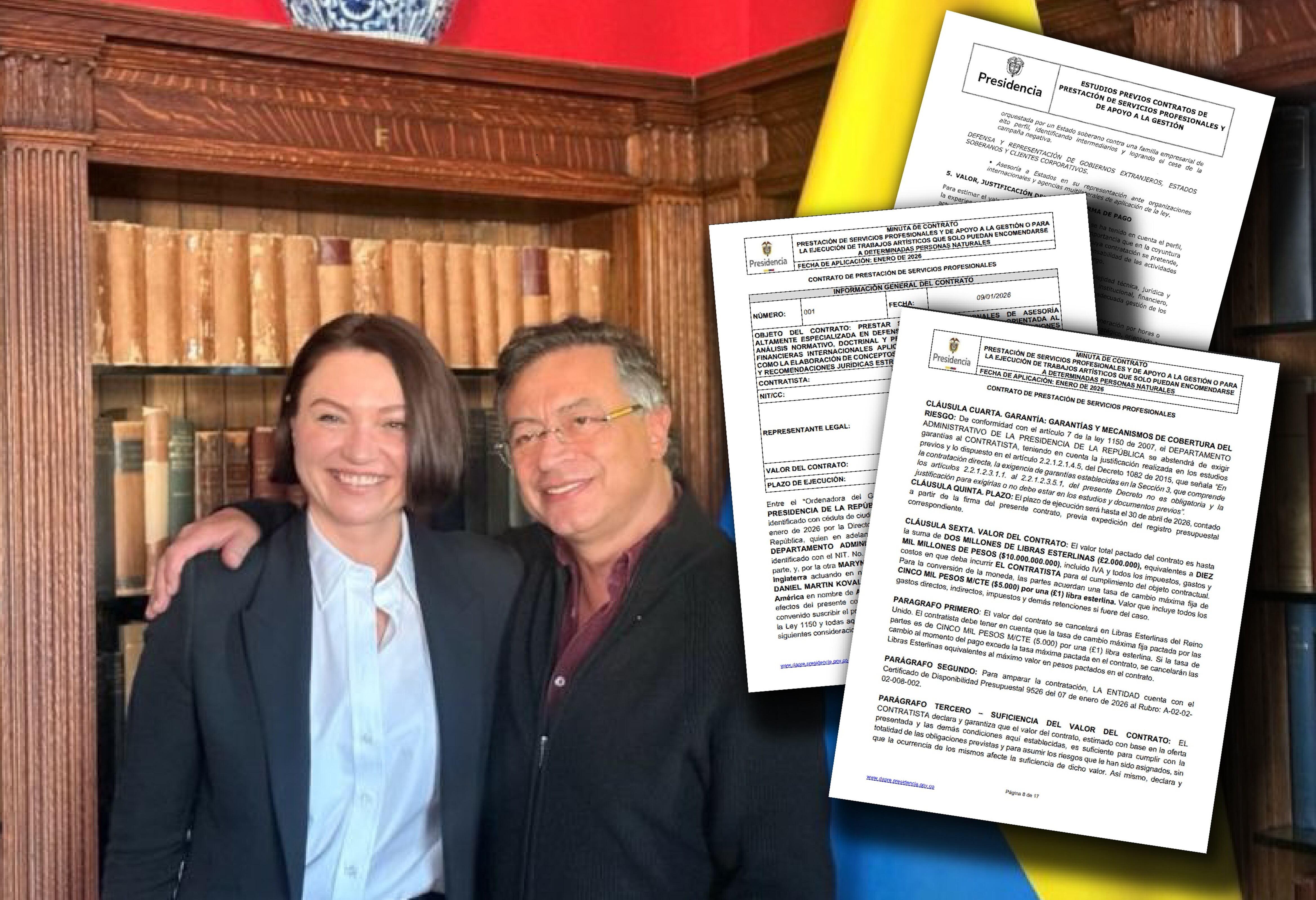 En la foto el presidente de la República, Gustavo Petro y la abogada Maryna Pogibko, representante legal de AMADEUS CONSULTANCY LIMITED. Firma a la que el gobierno contrató por 2 millones de Libras Esterlinas y la misma firma de la que es socio Daniel Martín Koivalik, el abogado que representa al presidente en el caso OFAC. de abogados de la que también es socio