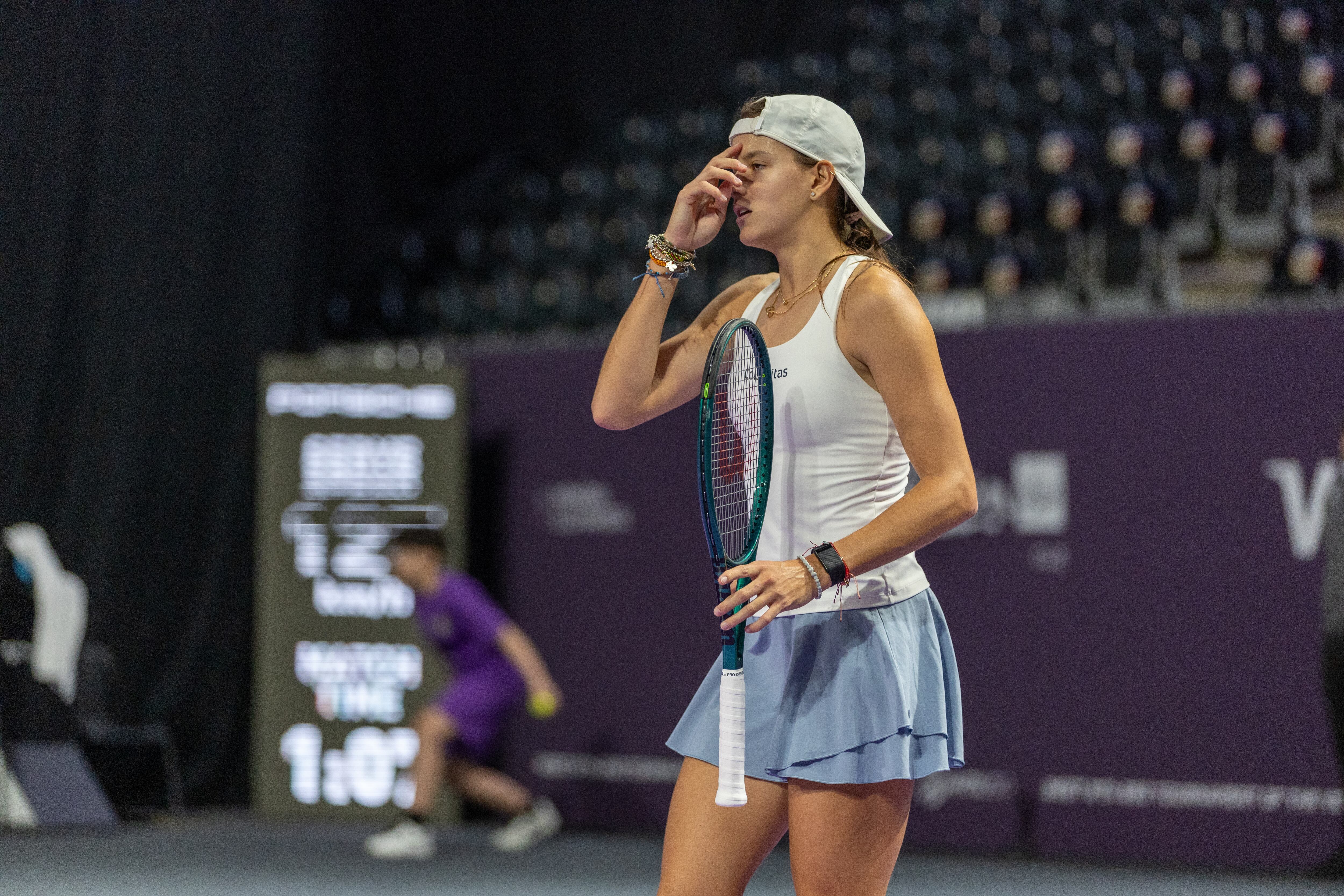 CLUJ-NAPOCA, ROMANIA - FEBRUARY 7 : Emilia Arango of Columbia covering her face after game against Elisabetta Cocciaretto of Italy during WTA250 Transylvania Open on February 7, 2024 in BTarena in Cluj-Napoca, Romania. (Photo by Horvath Tamas/Getty Images)