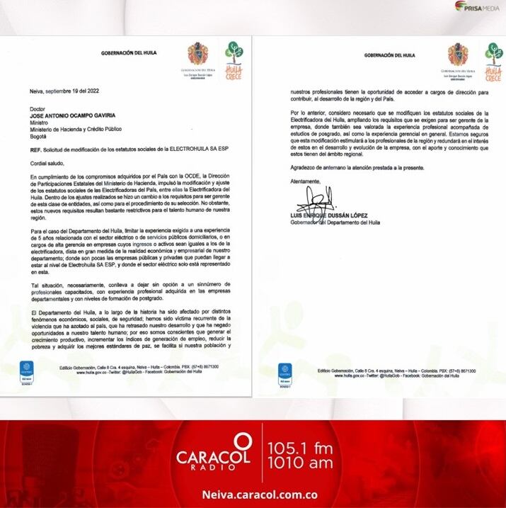 Mediante carta el gobernador del Huila solicitó la modificación de los estatutos.