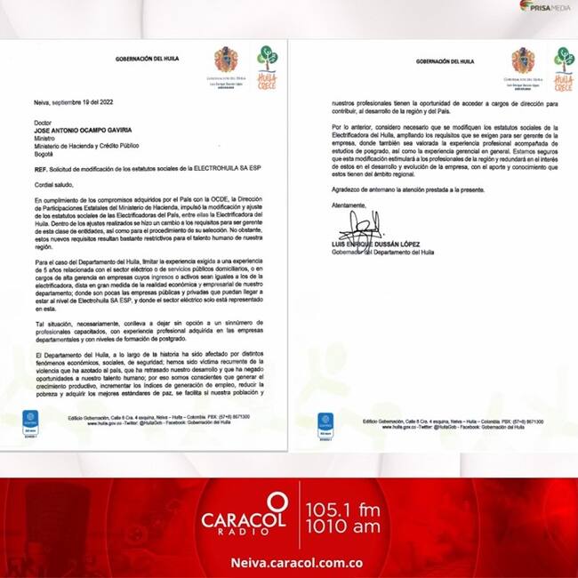 Mediante carta el gobernador del Huila solicitó la modificación de los estatutos.