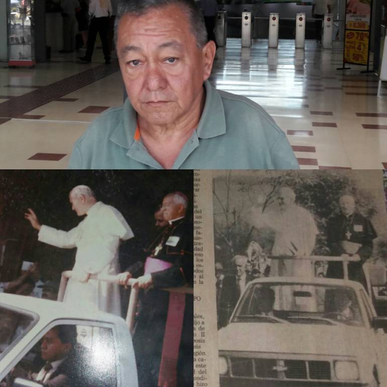 Libaniel Cañas guarda como un tesoro algunas fotos en las que aparece manejando el papamóvil y lo recortes de periódicos de la visita de Juan Pablo Segundo a Chinchiná. 